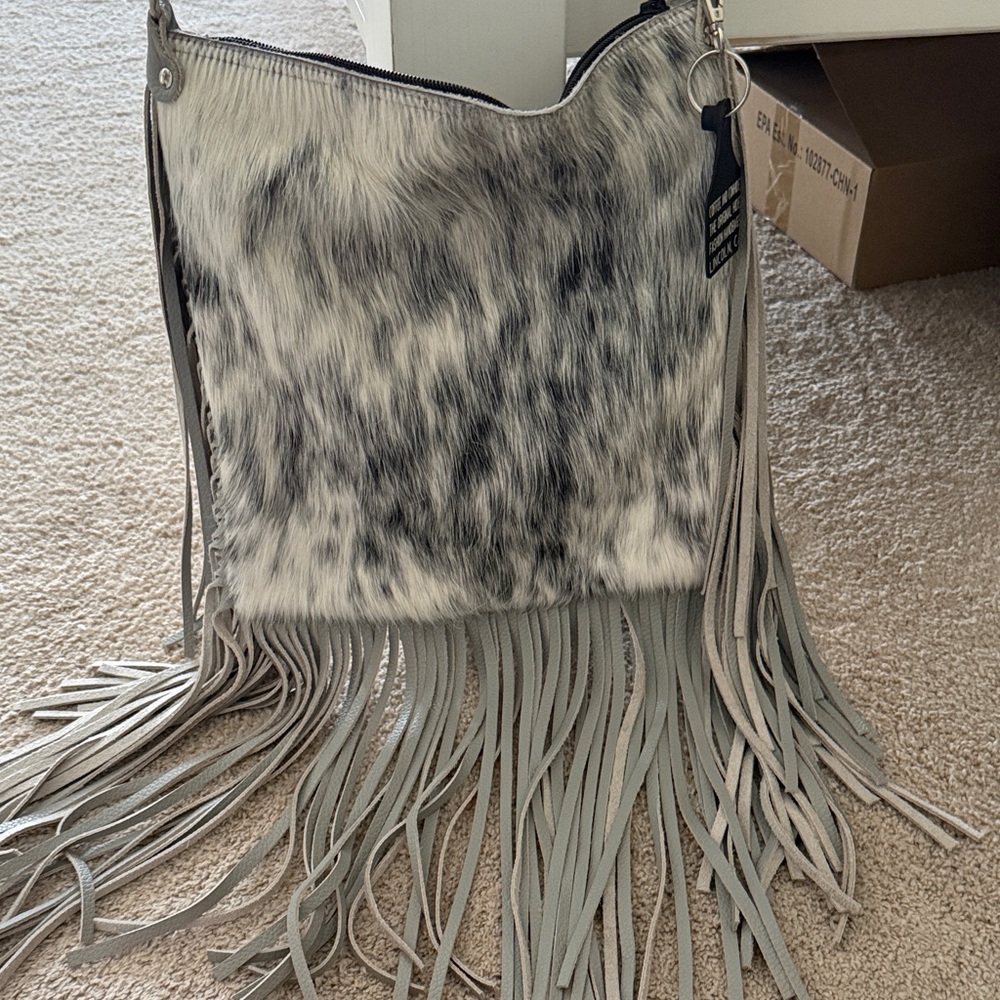 HCC Fringed Mini Messenger Shoulder Bag in Grey and White Cowhide